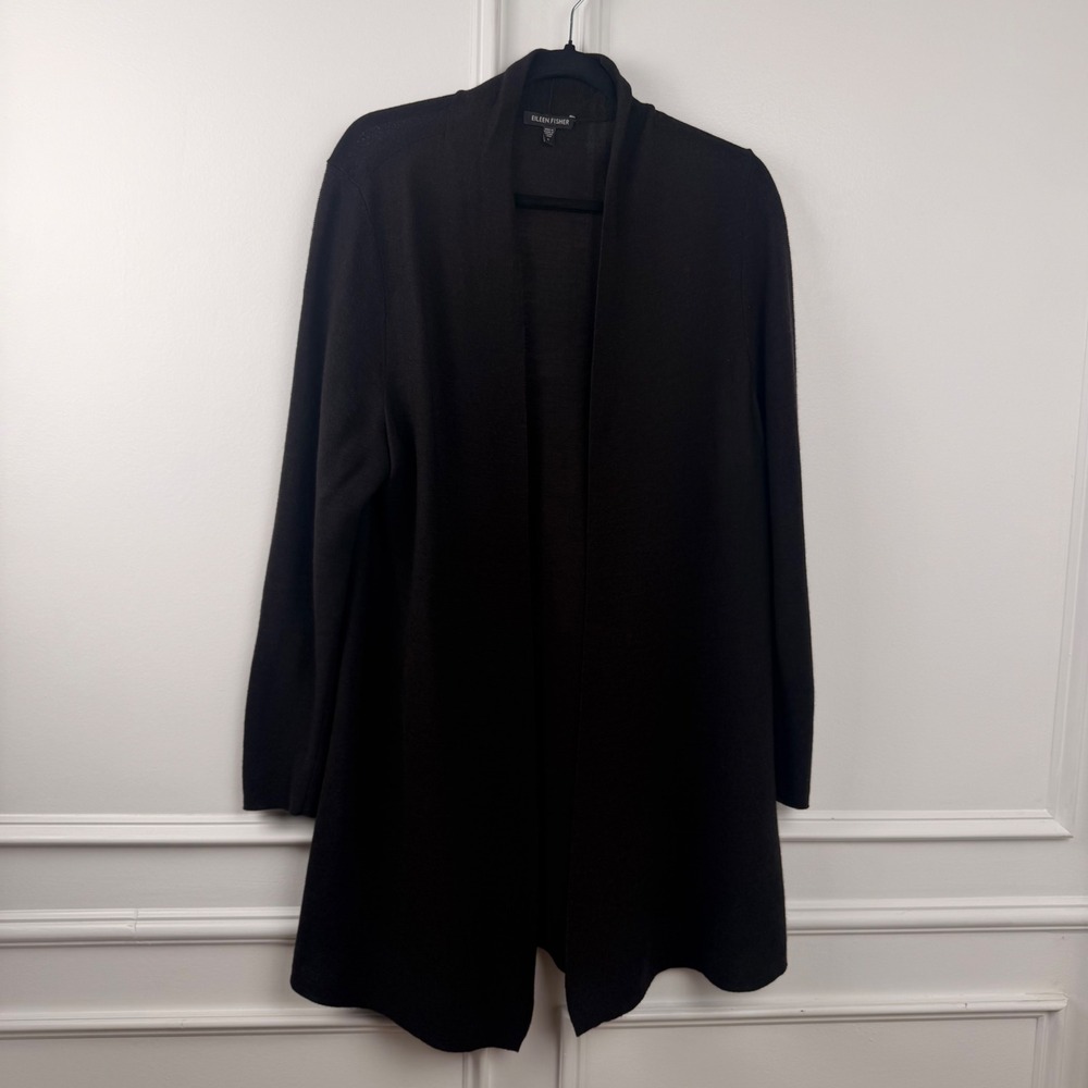 Eileen Fisher Brown 100% Merino Wool Open Front Long Cardigan Sweater Large